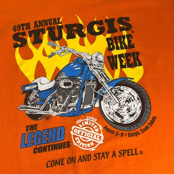 2009 Sturgis  69th Annual Bike Week Orange Graphic Tee Shirt Men's Size Large - Picture 2 of 5